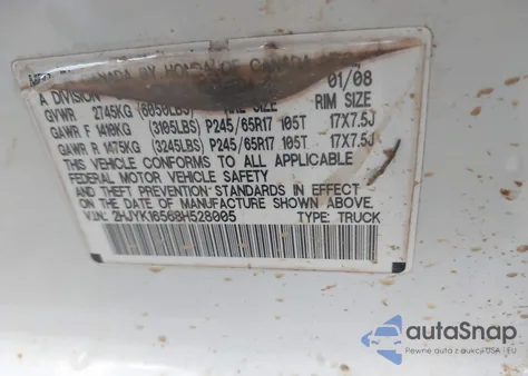 2008 Honda Ridgeline Rtl из США, поврежденный, VIN 2HJYK16568H528005